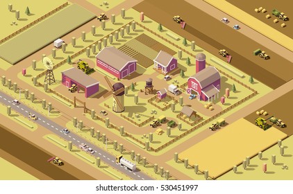 Vector Isometric Low Poly Farm. Farm Buildings And Agricultural Equipment And Farming Machinery