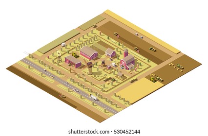 Vector Isometric Low Poly Farm. Farm Buildings And Agricultural Equipment And Farming Machinery