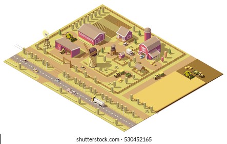 Vector Isometric Low Poly Farm. Farm Buildings And Agricultural Equipment And Farming Machinery