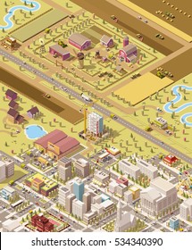 Vector isometric low poly farm and city. Illustration represents farm buildings and machinery harvesting the fields, trucks delivering produces to the farmer store, produce warehouse, and supermarket