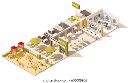 Vector isometric low poly fast food restaurant infrastructure