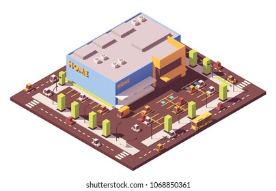 Vector isometric low poly furniture, kitchen appliances and home accessories supermarket building