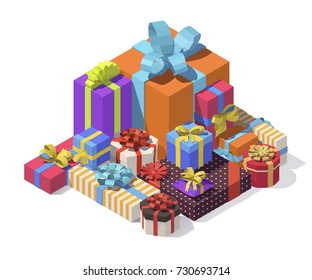 Vector isometric low poly gift boxes. Gift boxes with ribbon, bow set isolated on background. Big pile of presents, surprises, prizes. Shopping for xmas. Christmas, birthday, holidays concept.