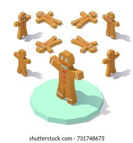 Vector isometric low poly Gingerbread man. Gingerbread man from different angles.