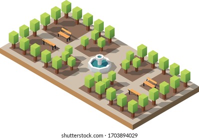 Vector isometric low poly green park. City recreation area.
