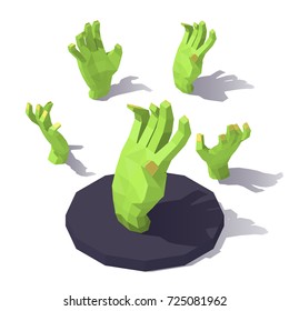 Vector isometric low poly hand of the zombie. Halloween attributes. Hand of the zombie from different angles.