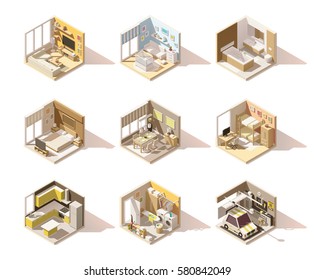 Vector isometric low poly home rooms set. Includes living room, bathroom, kitchen, kids room, garage, bedroom, and other