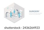 Vector isometric low poly hospital operating room. Includes operating table, x-ray scanner, anesthesia machine and other equipment.