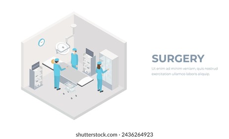 Vektor-isometrischer niedriger Poly-Krankenhaus-Operationsraum. Inklusive Operationstisch, Röntgenscanner, Anästhesiegerät und andere Ausrüstung.