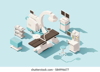 Vector isometric low poly hospital operating room. Includes operating table, x-ray scanner, anesthesia machine and other equipment