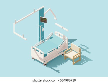 Vector Isometric Low Poly Hospital Bed With Curtain, IV Stand And Chair