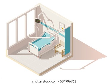 Vector Isometric Low Poly Hospital Ward. Includes Hospital Bed, Heart Rate Monitor And Other Equipment