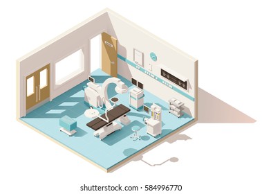 Vector Isometric Low Poly Hospital Operating Room. Includes Operating Table, X-ray Scanner, Anesthesia Machine And Other Equipment