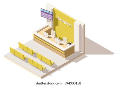 Vector Isometric Low Poly Hospital Reception. Includes Reception Desk, Seats And Queue System Display