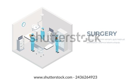 Vector isometric low poly hospital operating room. Includes operating table, x-ray scanner, anesthesia machine and other equipment.