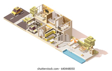 Vector Isometric Low Poly House Cutaway