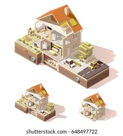 Vector isometric low poly house cutaway