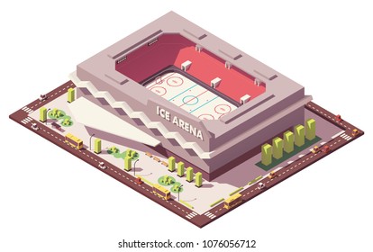 Vector isometric low poly ice hockey rink stadium with street elements