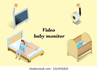 Vector isometric low poly icons. Video baby monitor, baby and parents beds.