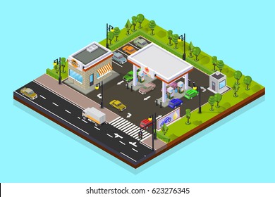 Vector Isometric low poly illustration. City street with buildings of a gas station and mini-market.