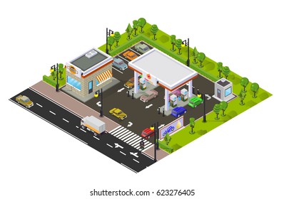 Vector Isometric low poly illustration. City street with buildings of a gas station and mini-market.