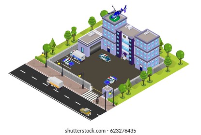 Vector Isometric low poly illustration. City street with buildings of  Police Department surrounded by stone fence with checkpoint and barrier. Police cars in parking lot  and helicopter on the roof.