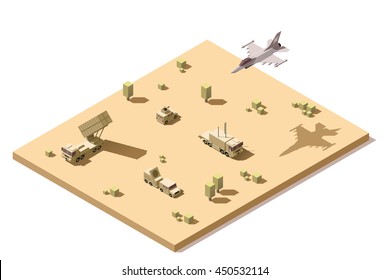 Vector Isometric Low Poly Infographic Element Representing Military Surface-to-air Missile Defense System SAM On The Desert And Jet Fighter Aircraft In Flight