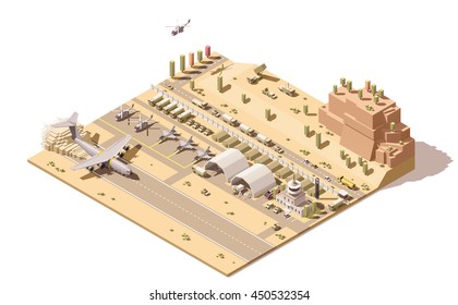 Vector Isometric Low Poly Infographic Element Representing Map Of Military Airport Or Airbase With Jet Fighters, Helicopters, Armored Vehicles, Structures, Control Tower And Cargo Airplane Landing 