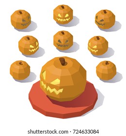 Vector isometric low poly Jack o Lantern. Jack o Lantern from different angles.