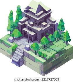 Castillo vectorial isométrico de bajo poli japonés.