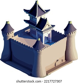 Castillo vectorial isométrico de bajo poli japonés.