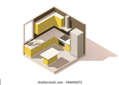 Vector Isometric Low Poly Kitchen Room Icon. Room Includes Furniture And Major Kitchen Appliances