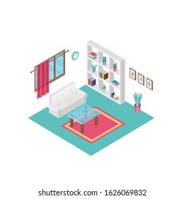 Vector isometric low poly living room icon. 3D flat cozy home design illustration includes furniture. Modern set of interior elements: sofa, window, books, plants, cupboard, table