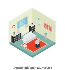 Vector isometric low poly living room icon. 3D flat cozy home design illustration includes furniture. Modern set of interior elements: sofa, window, books, plants, cupboard, table