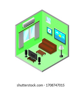 Vector isometric low poly living room cutaway icon. Room includes sofa, coffee table, tv and other furniture