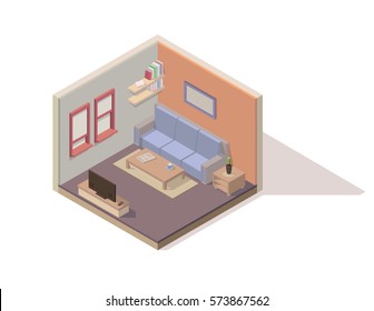 Vector Isometric Low Poly Living Room Cutaway Icon. Vector Isometric Room Elements: Sofa, Coffee Table, TV, Bookshelf, Etc.