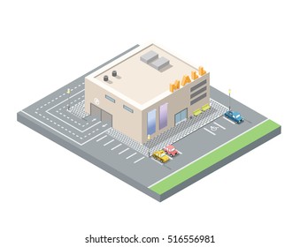Vector isometric low poly mall, shopping centre with underground car parking, 3d flat design city element 
