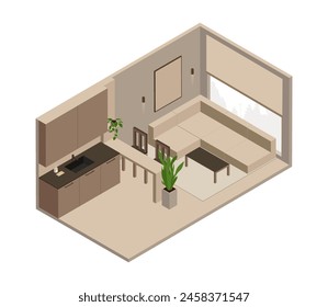 Vector isométrico bajo poli minimalista acogedora sala de estar y cocina con varios muebles. Ilustración vectorial moderna.