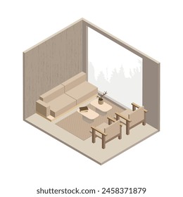 Vector isométrico bajo poli minimalista sala de estar acogedora con varios muebles. Ilustración vectorial moderna.	