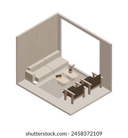 Vector isométrico bajo poli minimalista sala de estar acogedora con varios muebles. Ilustración vectorial moderna.	