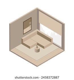 Vector isométrico bajo poli minimalista sala de estar acogedora con varios muebles. Ilustración vectorial moderna.	