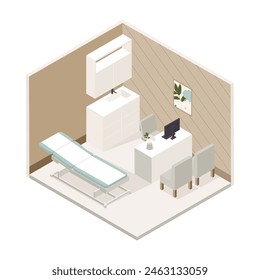 Vector isométrico bajo poli minimalista clínica médica interior con varios muebles. Ilustración vectorial moderna. Habitación del hospital. Oficina del doctor.