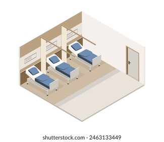 Vector isométrico bajo poli minimalista clínica médica interior con varios muebles. Ilustración vectorial moderna. Habitación compartida del hospital. 