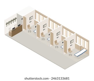 Vector isométrico bajo poli minimalista clínica médica interior con varios muebles. Ilustración vectorial moderna. Sala de hospital compartida y recepción.