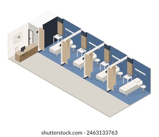 Vector isométrico bajo poli minimalista clínica médica interior con varios muebles. Ilustración vectorial moderna. Sala de hospital compartida y recepción.