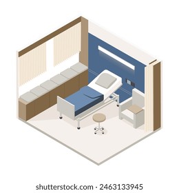 Vector isométrico bajo poli minimalista clínica médica interior con varios muebles. Ilustración vectorial moderna. Habitación del hospital.