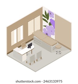 Vector isométrico bajo poli minimalista clínica médica interior con varios muebles. Ilustración vectorial moderna. Habitación del hospital. Oficina del doctor.