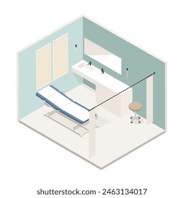 Vector isométrico bajo poli minimalista clínica médica interior con varios muebles. Ilustración vectorial moderna. Habitación del hospital. Oficina del doctor.