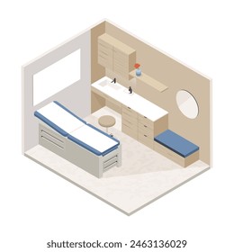 Vector isométrico bajo poli minimalista clínica médica interior con varios muebles. Ilustración vectorial moderna. Habitación del hospital. Oficina del doctor.