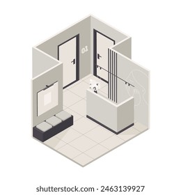 Vector isométrico bajo poli minimalista clínica médica interior con varios muebles. Ilustración vectorial moderna. Recepción, vestíbulo del hospital, espacio contiguo.